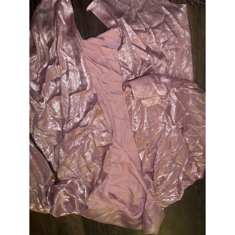 SHEIN Pink Metallic Shimmer Button Up Blouse Long Sleeve Crinkle Top‎ Large